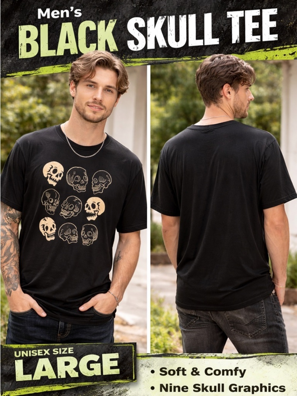 Black T-Shirt with Skull Print unisex LARGE